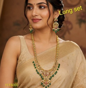Ping Bling Luxury South Indian AD Polki Long <b>Necklace</b> Set Green Beads <b>Ruby</b> Pearl Bridal Wedding Temple Jewelry Gold Finish Set - Product Image 2
