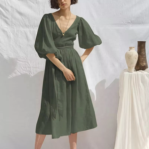 Vestido de Verano de Lino y Algodón para Mujer con Logotipo Personalizado, Ropa de Moda, Vestido Largo Informal para Fiesta, con Mangas Abullonadas y Cuello en V - Product Image 1