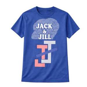 T-shirt Dri Fit Jack and Jill bleu avec nuage de mots et logo Jack and Jill, t-shirt confortable pour jeunes, pour le sport et les occasions décontractées - Product Image 1