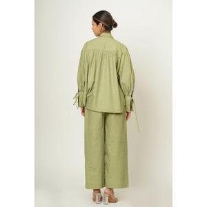 Conjunto de Camisa Oversize Verde de Lino Premium y Pantalones de Pierna Ancha, Manga Larga, Cómodo, Color Sólido, Estilo Simple, Para Todas las Temporadas - Product Image 2