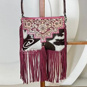 Designer Premium Style Hand Tooled Cowhide Leather Fringe Sling Bag Floral Pattern Boho Shoulder Crossbody Purse for Women's - Product Image 1