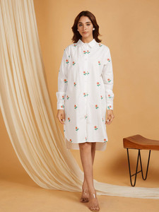 White Floral Embroidery Shirt <b>Dress</b> With Long Sleeves And Turn-down Collar Loose Fit Midi Length Woven Cotton Casual Daily Wear - Product Image 1