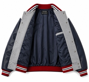 Veste varsity grise pour homme avec manches en cuir marine et logo brodé personnalisé sur la poche avant - Product Image 2