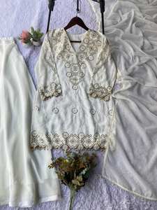 Conjunto de Kurti y Palazzo de Georgette para Fiesta, con Dupatta de Encaje, Diseño de Diseñador - Product Image 2