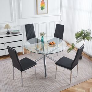 Set da Pranzo Mid-Century 1+4,5 Pezzi con Tavolo con Gambe in Metallo per 4-6 Persone, Piano in Vetro, Tavolo da Pranzo con Base a Piedistallo per Sala da Pranzo - Product Image 2