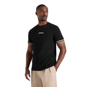 T-shirt homme col rond manches courtes, poignets à rayures contrastées, petit imprimé poitrine, coupe ajustée, décontracté, vente en gros, personnalisable OEM, en jersey de coton - Product Image 3