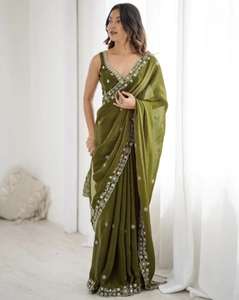KV Women's Embroidered Floral Print Viscose <b>Silk</b> Reversible Autumn Bollywood Saree with Unstitched <b>Blouse</b> (<b>Green</b>) - Product Image 5