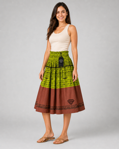 Custom Manufacturer Wholesale Womens <b>Boho</b> Ethnic Tribal Print Midi <b>Skirt</b> High Waist Elastic Smocked Green Brown A Line Cotton - Product Image 2