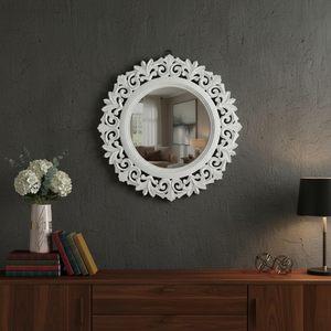 Vintage White Oval Decorative Wall <b>Mirror</b> Carved Wooden <b>Frame</b> Rustic Farmhouse Accent Mirrorv - Product Image 2