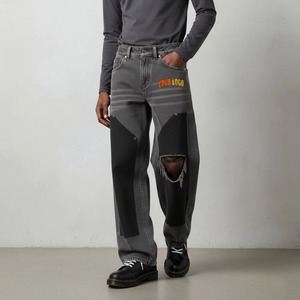 Men's Gray Ripped <b>Denim</b> Pants With Logo Patch High Waist Street Style Cotton Canvas <b>Material</b> Distressed Look Autumn Wear - Product Image 1
