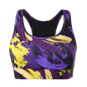 สปอร์ตบราสำหรับผู้หญิง แบบ Racerback สีม่วงพิมพ์ลายสีเหลือง ระบายอากาศได้ดี รองรับระดับปานกลาง เสื้อโยคะ ผ้ายืดสแปนเด็กซ์ โพลีเอสเตอร์ คอกลม บราออกกำลังกาย - Product Image 3