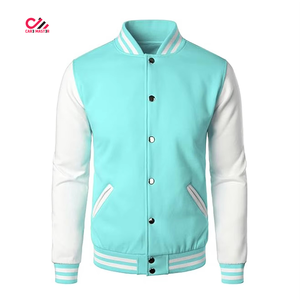 CARE MASTER <b>Men's</b> Varsity <b>Jacket</b> Turquoise <b>White</b> Color Block Stand Collar Casual Autumn Polyester Regular Fit Button Closure - Product Image 1