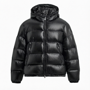 Chaqueta acolchada negra con capucha, corte regular, rellena de plumón, con cierre, estilo casual unisex, longitud corta. - Product Image 1