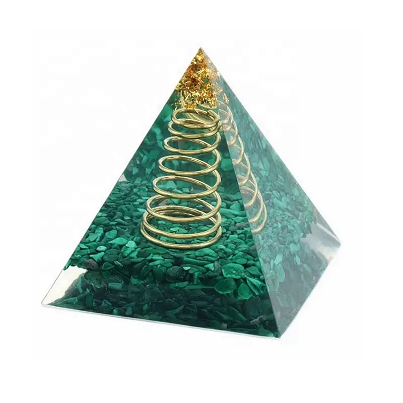Doğal yeşil malakit kule <span class=keywords><strong>cips</strong></span> taş reçine şekil orgonit piramidi el sanatları reçine orgon kristal piramit