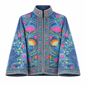 Manteau en velours artisanal de luxe, brodé à la main, col montant floral, vêtements de boutique en gros - Product Image 1