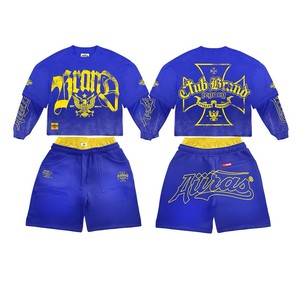 2026 Custom Men's Summer Shorts <b>Set</b> with Chenille <b>Embroidery</b> Breathable Cotton Tee Shirt and Track Shorts-OEM Service - Product Image 6