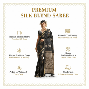 Sari noir en satin pur tissé à la main avec bordure en Zari doré |   Sari ethnique de luxe traditionnel pour femmes, idéal pour les fêtes de mariage - Product Image 5