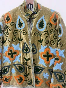 Luxury Velvet <b>Vintage</b> Cotton Suzani <b>Jacket</b> Multicolor Floral Embroidered Boho Full Sleeve V-Neck Handmade Breathable <b>Women</b> - Product Image 5