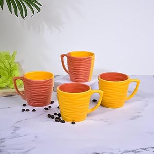 Versatile Wavy Glazed Ceramic <b>Tea</b> <b>Cup</b> Set Red & Yellow with <b>Large</b> Capacity & Microwave Safe Featuring Flowered Pattern (Set 2) - Product Image 2