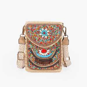 Sac à bandoulière artisanal en coton et rotin multicolore avec perles, motif mosaïque de créateur, sac à main de luxe pour femme - Product Image 2
