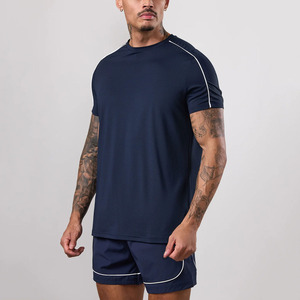Wholesale Custom Logo <b>Navy</b> Men's T-Shirt & Shorts <b>Set</b> With Piping Breathable Fabric 2 Pieces Summer <b>Sets</b> <b>Gym</b> Wortout <b>Set</b> For Men - Product Image 3