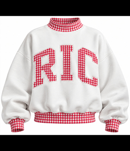 Sweat-shirts universitaires surdimensionnés personnalisés à col montant pour femmes, en tissu épais, à carreaux vichy et patchwork, prix de gros - Product Image 6