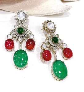 Flawless <b>Silver</b> Plated Flower Chandelier <b>Earrings</b> With Ruby And Aquamarine Stones For Women Party Wear - Product Image 2