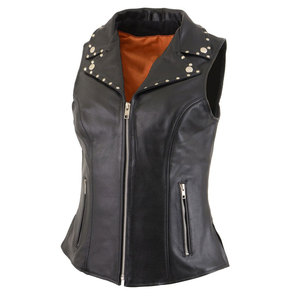 Gilet moto en cuir véritable imperméable pour femme, avec rivets décoratifs, fermeture éclair, col en V, couleur unie, longueur standard - Product Image 5