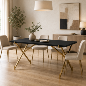 โต๊ะอาหารทรงสี่เหลี่ยมทันสมัย ขาโลหะสีทอง ท็อปไม้ ดีไซน์มั่นคง โต๊ะไม้ - Product Image 6