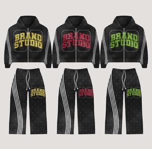 Conjunto Deportivo Holgado de Felpa de Algodón Negro con Efecto Desgastado por el Sol, Personalizado por el Fabricante, con Pedrería y Serigrafía, Estilo Vintage para Hombre - Product Image 1