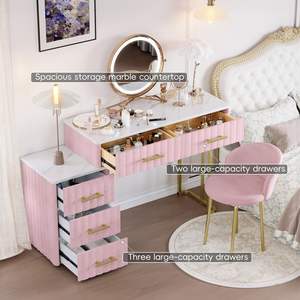 Velvet Upholstered Vanity <b>Desk</b> Chair 5 <b>Big</b> Drawers Makeup Table Marble-Look Sticker Top Pink Dressing Table Left/Right - Product Image 3
