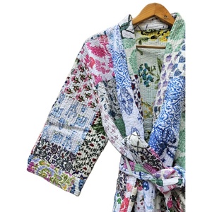 Batas de algodón ligeras para mujer, de manga corta de punto Kimono, albornoz elegante Vintage Patchwork, ropa de descanso suave de primavera para verano - Product Image 2