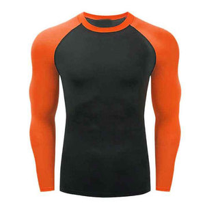 T-shirt tricoté à manches longues pour homme, noir et orange, col rond, sportif, respirant, écologique, en spandex/coton, séchage rapide - Product Image 1