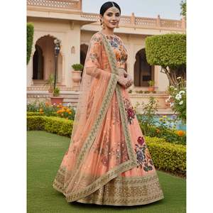 Peach Floral Art Silk Lehenga Choli with Dupatta for <b>Wedding</b> - Product Image 5