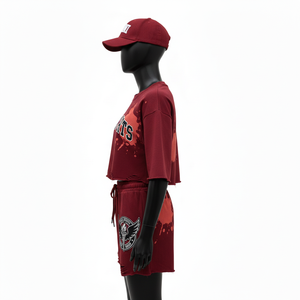 Conjunto de Top Corto y Pantalones Cortos para Mujer, Felpa de Algodón Grueso de 280 GSM, Color Granate Suave, Estampado Desgastado, Logotipo Bordado - Product Image 3