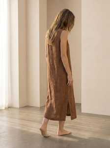 Vestido midi de lino sin mangas con cuello en V, corte holgado, color liso, dobladillo con abertura, vestido casual de verano, tela tejida transpirable - Product Image 4