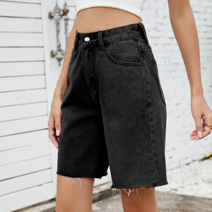 <b>Women's</b> High Waist <b>Denim</b> <b>Bermuda</b> <b>Shorts</b> Five Pocket Stonewashed Frayed Hem Button Fly Casual Style - Product Image 4