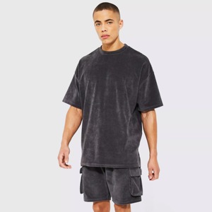 Ensemble de t-shirts et shorts personnalisés en denim délavé pour hommes, vêtements de mode avec t-shirts et shorts de couleur assortie - Product Image 1