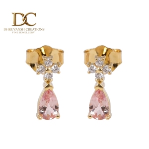 Pendientes de Oro Amarillo Sólido de 14 Quilates con Diamante Cultivado en Laboratorio Certificado por IGI y Zafiro Padparadscha para Mujer, Regalo para Cualquier Ocasión - Product Image 1