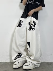 Pantalon en jean blanc ample, style streetwear, avec motifs tendance fleurs de cerisier et coupe large, pour hommes et femmes, décontracté - Product Image 5