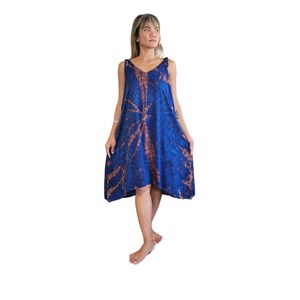 Trendy Boho Tie Dye Maxi Dress Rayon Deep V Neck Sleeveless Loose Fit Blue Brown Summer Casual Outfit - Product Image 2