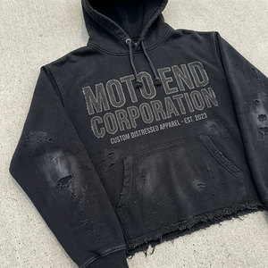 High-quality Oversized Boxy <b>Cropped</b> Men's Zip-up Hoodie Custom Acid Wash Distressed Faded DTG Printed Embroidered <b>Rhinestone</b> - Product Image 1
