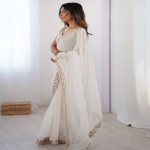 Sari de fête VASTRA COTTAGE en Georgette avec chemisier en soie Mety brodé, couleur blanche, tenue traditionnelle pour femmes - Product Image 3
