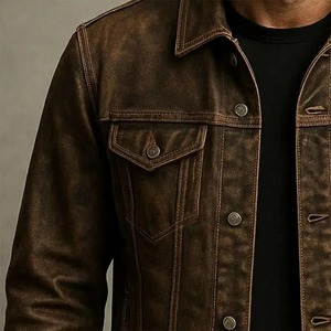 Men's Distressed Brown Leather Trucker <b>Jacket</b>, <b>Vintage</b> <b>Biker</b> Outerwear - Product Image 2