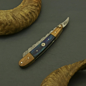 Navaja Plegable Recta de Acero de Damasco para Uso Diario (EDC) con Mango de Madera Azul y Pivote de Latón, para Afeitado de Barbero, Coleccionable, Venta al por Mayor de Fábrica B2B - Product Image 5