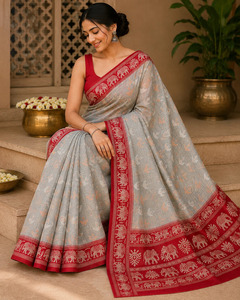 Sari en coton et soie tissé à la main, gris clair avec bordure rouge, motif éléphant, tenue traditionnelle indienne pour fêtes et mariages - Product Image 3