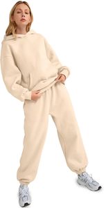 Conjunto Deportivo con Capucha para Mujer, Color Beige, Manga Larga, Estilo Casual, Holgado, Sudadera y Pantalones con Bolsillos Laterales, Ropa de Otoño - Product Image 3