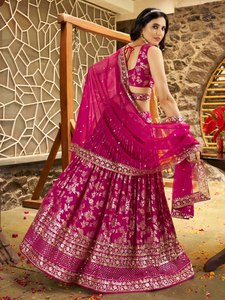 Bollywood <b>Bride</b> Floor-Length A-Line Wedding <b>Gown</b> Faux Georgette Embroidered Lehenga Set Sleeveless Dupatta Party Outfit - Product Image 6