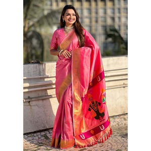 ผ้าไหมพิธานีแบบดั้งเดิมพิเศษ สีชมพูอ่อน พร้อมลายปักดิ้นทอง วิธะลา ก็อด เสื้อผ้าอินเดียและปากีสถาน ผ้าทอชั้นดี น้ำหนัก 650 กรัม - Product Image 5