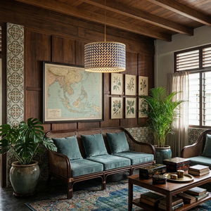 Abat-jour suspendu en bambou bleu de style méditerranéen, fait main, en rotin naturel - Product Image 2